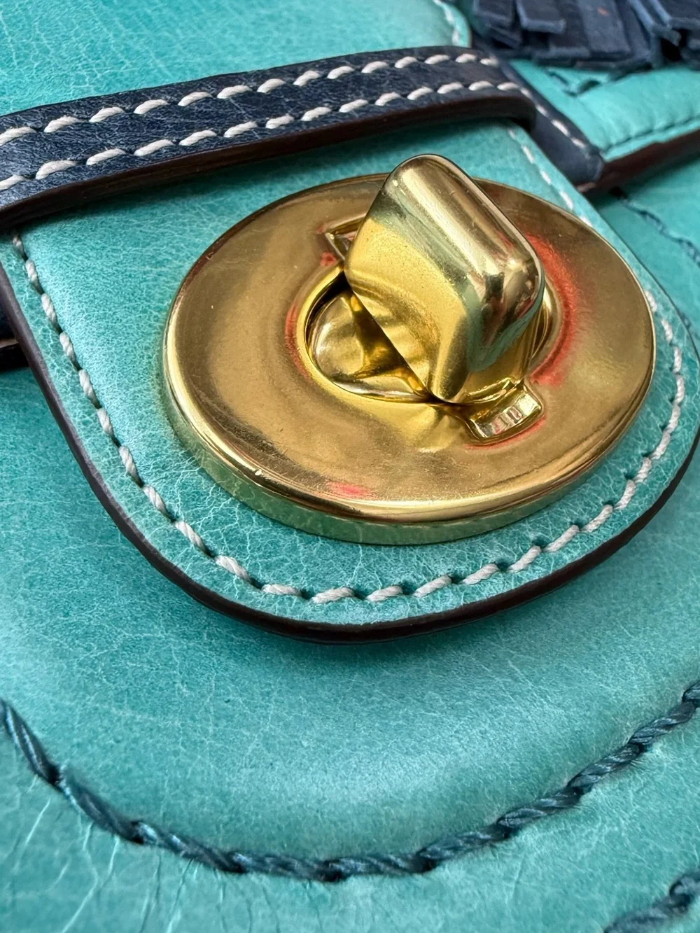 Coach Teal Leather Satchel with Tassel and Gold Hardware